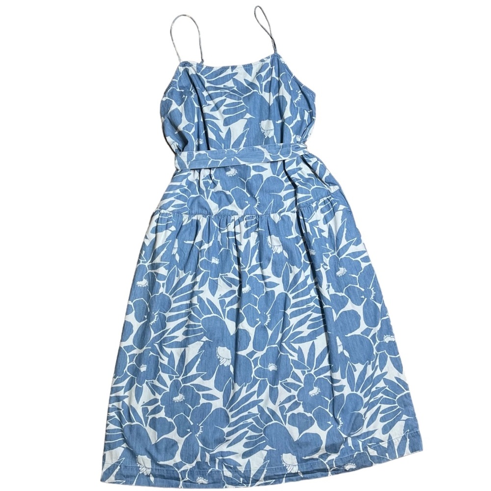 Gap Apronneck Floral Print Denim Drop Waist Maxi Dress In Blue & White Sz XL